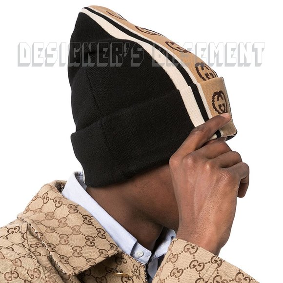 GUCCI black with beige INTERLOCKING G logo stripe wool oversized Beanie hat M-58